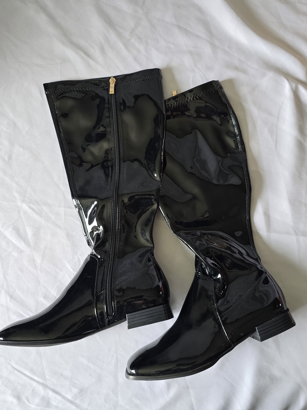 GENSHUO Patent Black Square Toe Knee High Boots Size 9